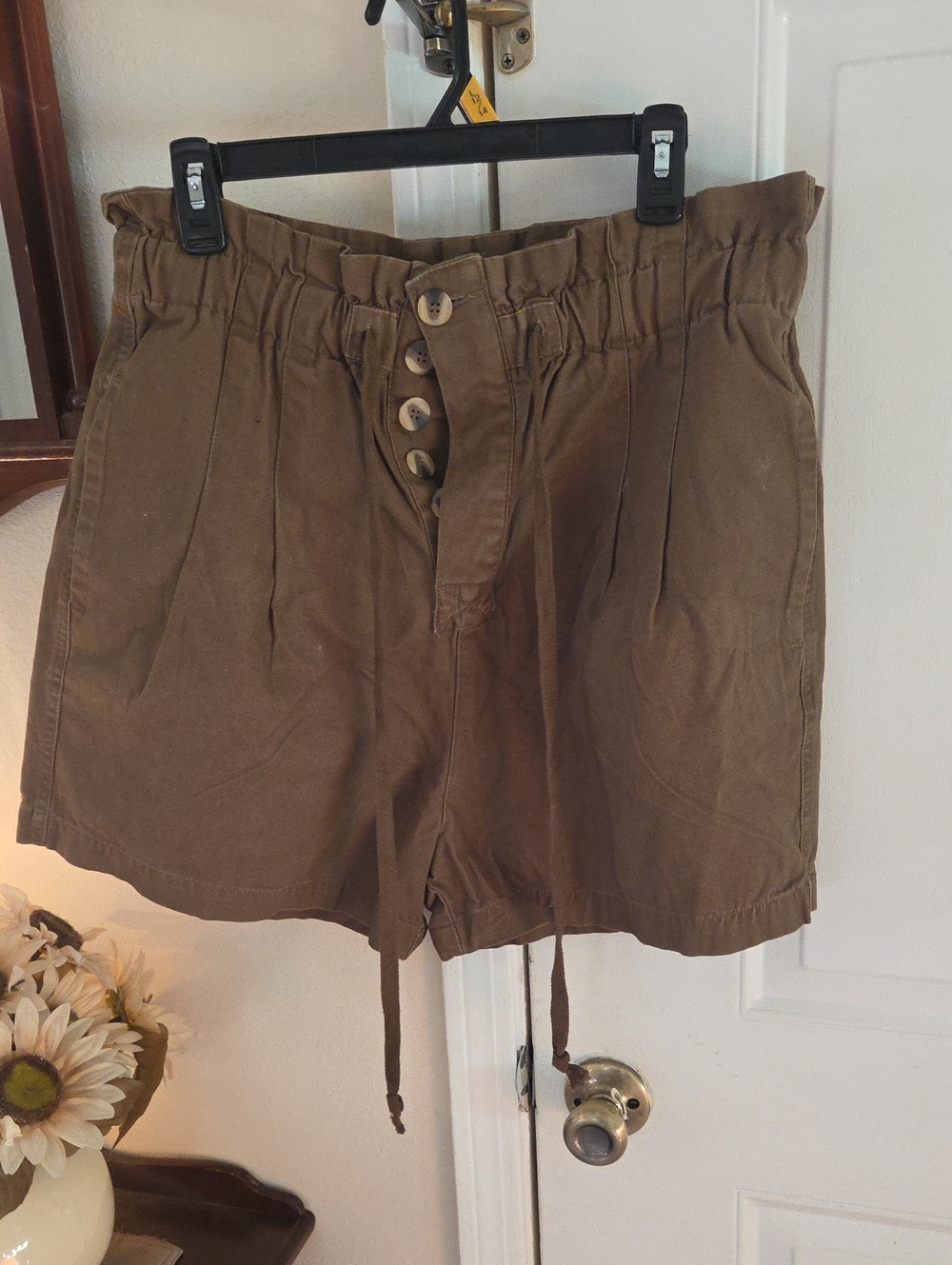 Zenana Outfitters Brown High-Waist Button-Front Paperbag Shorts
